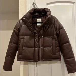 A&F VEGAN BROWN LEATHER PUFFER JACKET